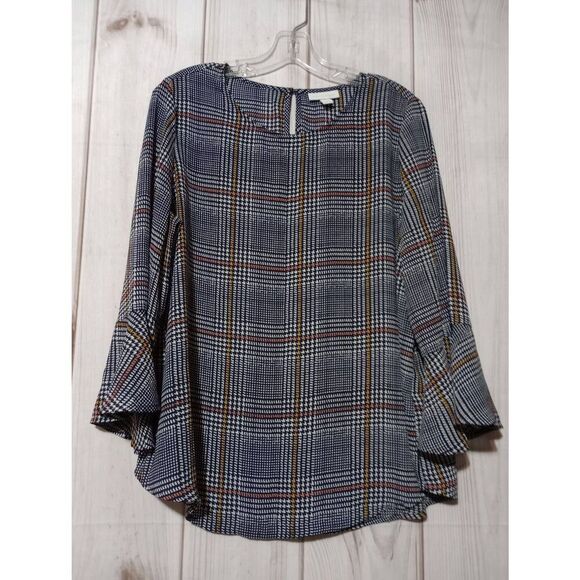 Charter Club Shirt Ladies Large Black Houndstooth Bell Sleeve Round Neck - Picture 1 of 9